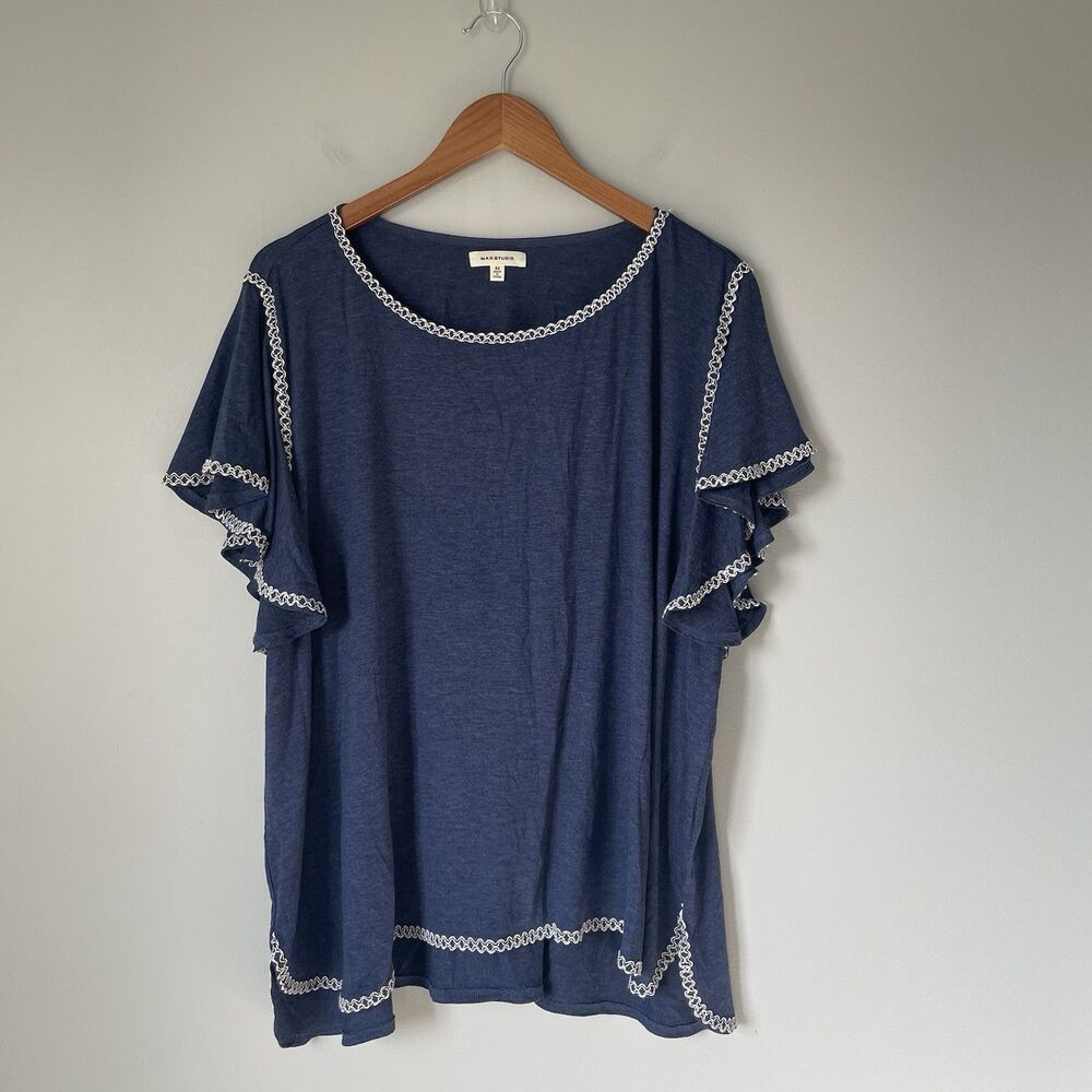 Max Studio Blouse Top Flowy Boho Cap Embroidered Blue White Women's Size 3X